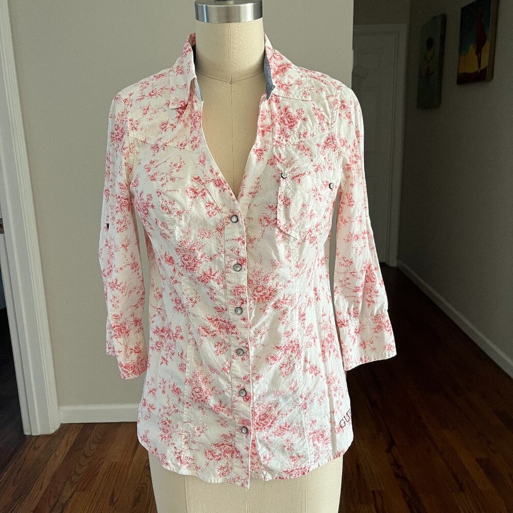 GUESS Los Angeles Ivory/Pink Floral Snap closure Roll up Sleeves Top Soft Girl S